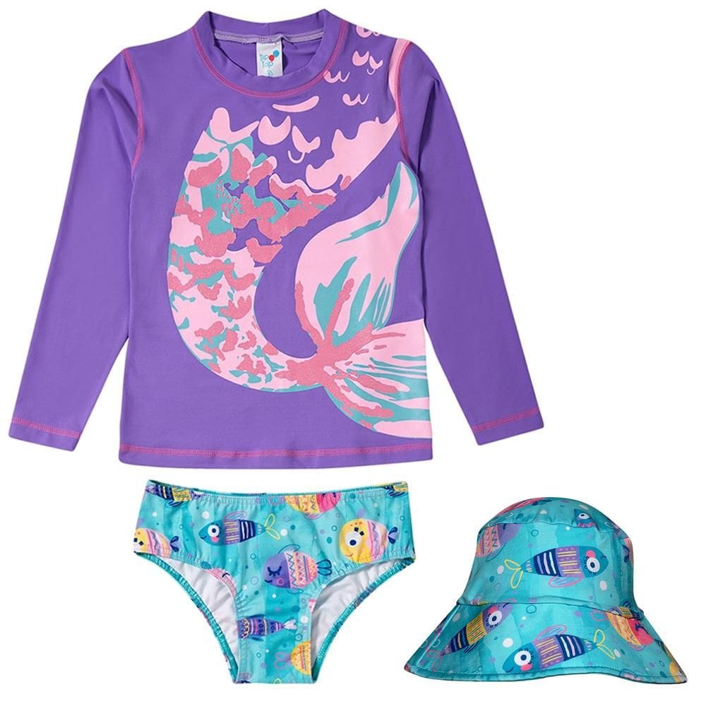 Kit Praia Camiseta Manga Longa + Calcinha + Chapéu Tip Top Lílas 3535145