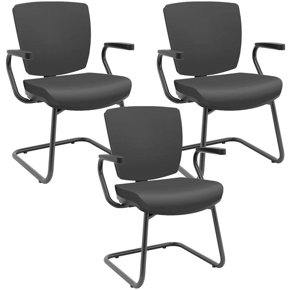 Kit 03 Cadeiras De Escritório Fixa Executiva Office Preto Slim Baixa Flexi P03 Vinil Preto