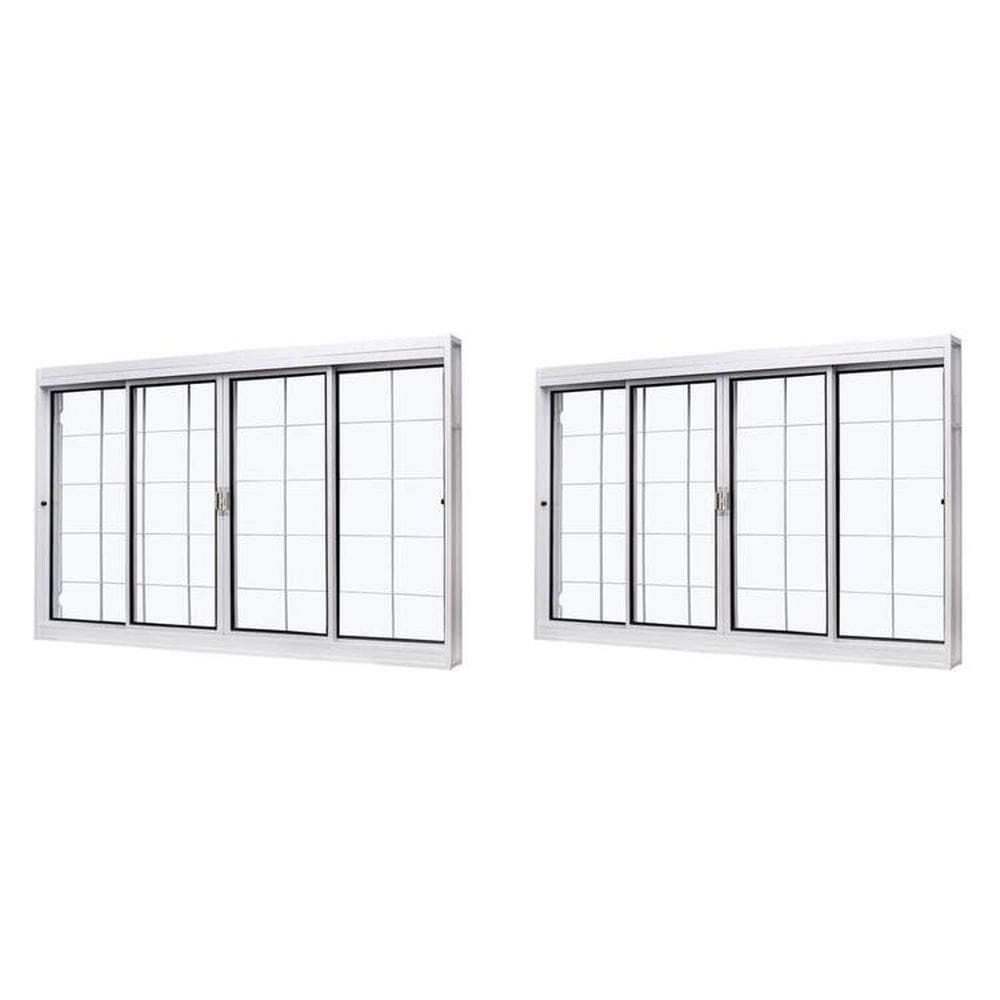 Kit com 2 Janelas de Aço de Correr Central 100x120cm 4 Folhas com Grade Quadriculada e Vidro Liso Branco