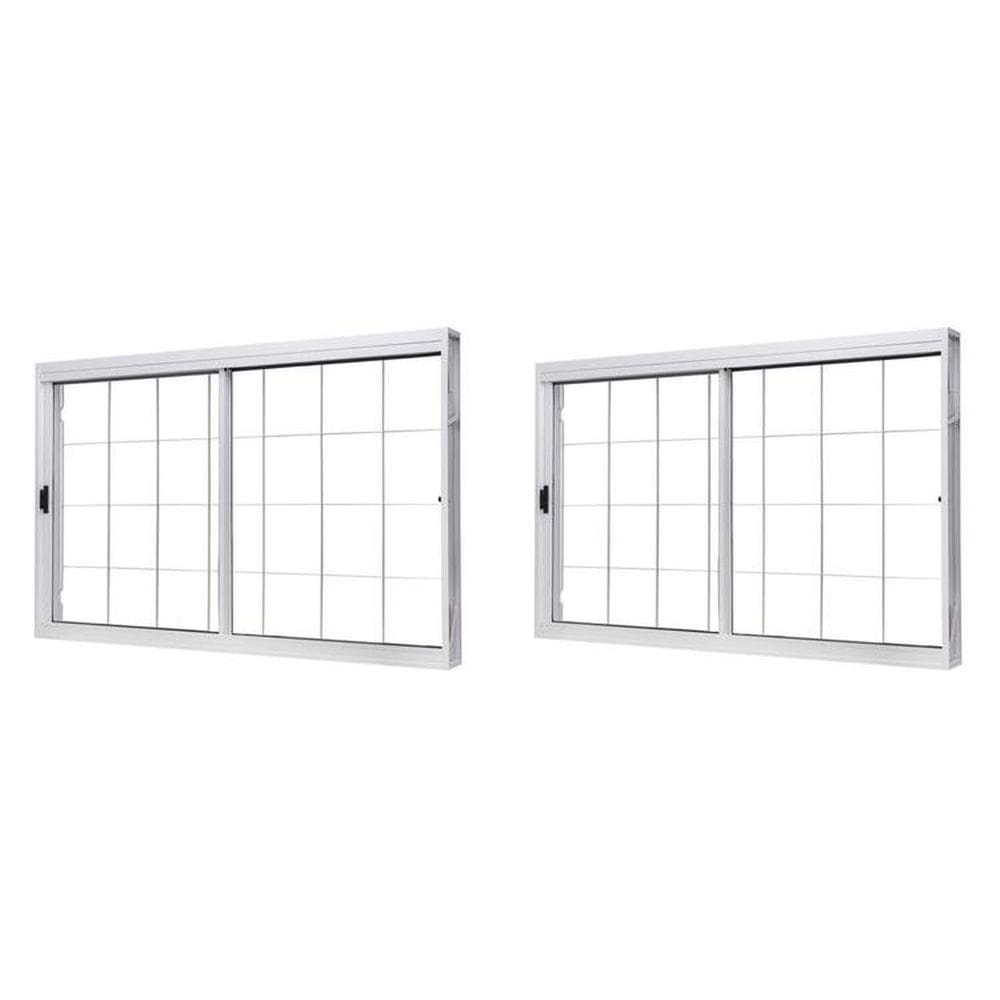 Kit com 2 Janelas de Aço de Correr Central 100x150cm 2 Folhas com Grade Quadriculada e Vidro Liso Branco
