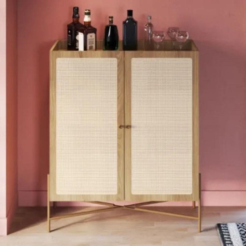 Armário Cristaleira Bar 2 Portas 93cm Palhinha Pé Metal Oslo