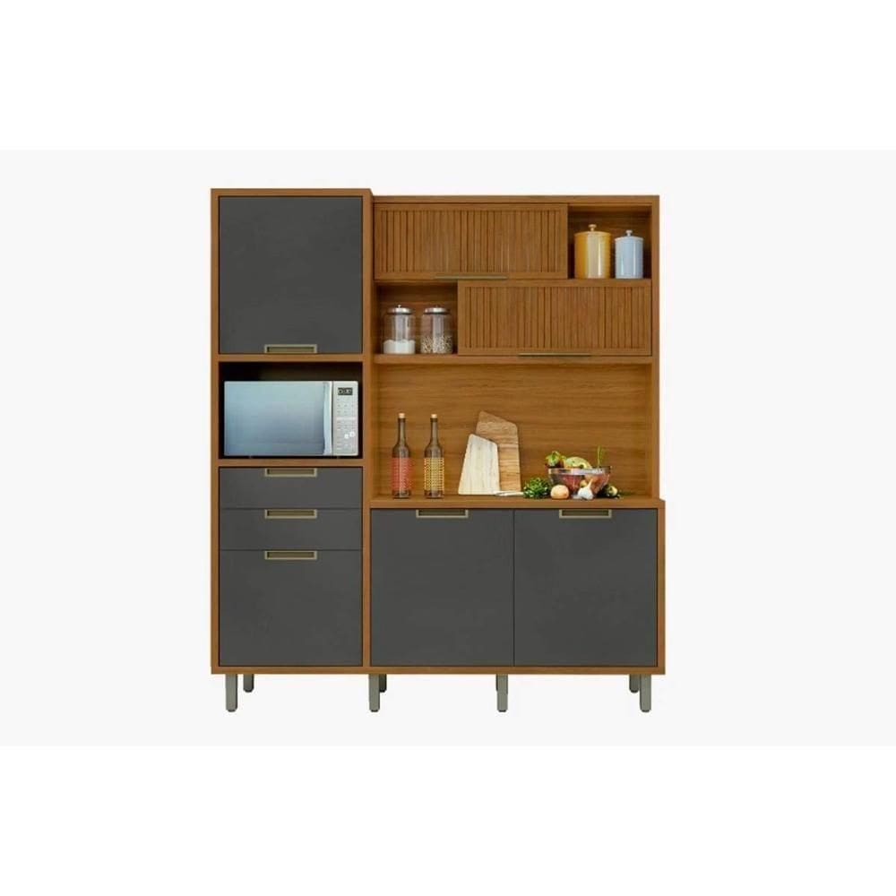 Cozinha Compacta Loft 3nichos Microondas C-6portas E 2gavetas Ripado 183x212cm Freijo-grafite