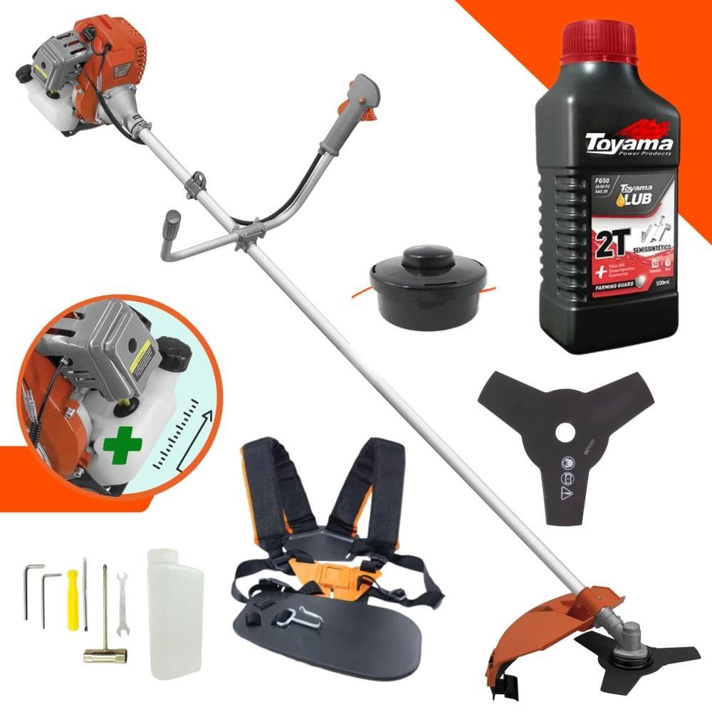 Roçadeira Lateral Á Gasolina Tekna RL520ACG2 2T 52cc 2HP 13.000rpm Cortador de Grama Profissional C/ Lâmina 3 Pontas e Carretel + ÓLEO TOYAMA 2T