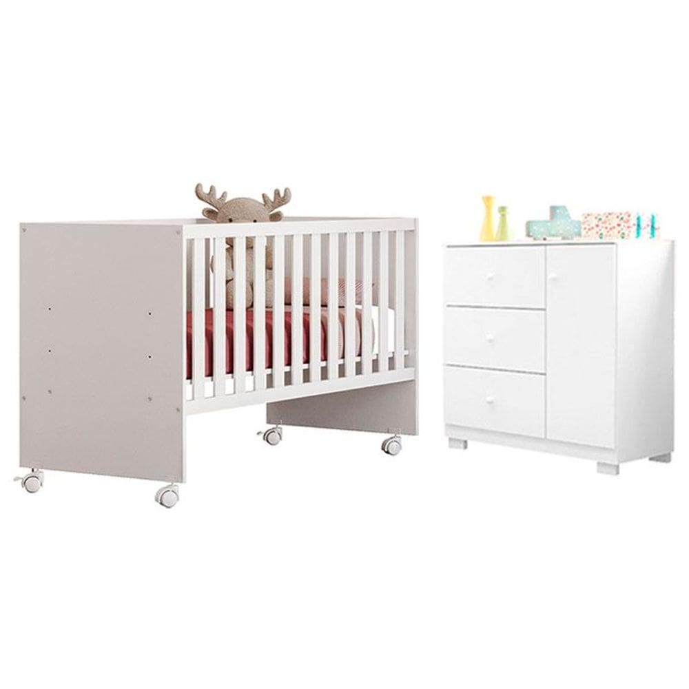 Berço Nacional Doce Sonho 3540 com Cômoda Infantil Duda Branco Brilho - Phoenix Baby