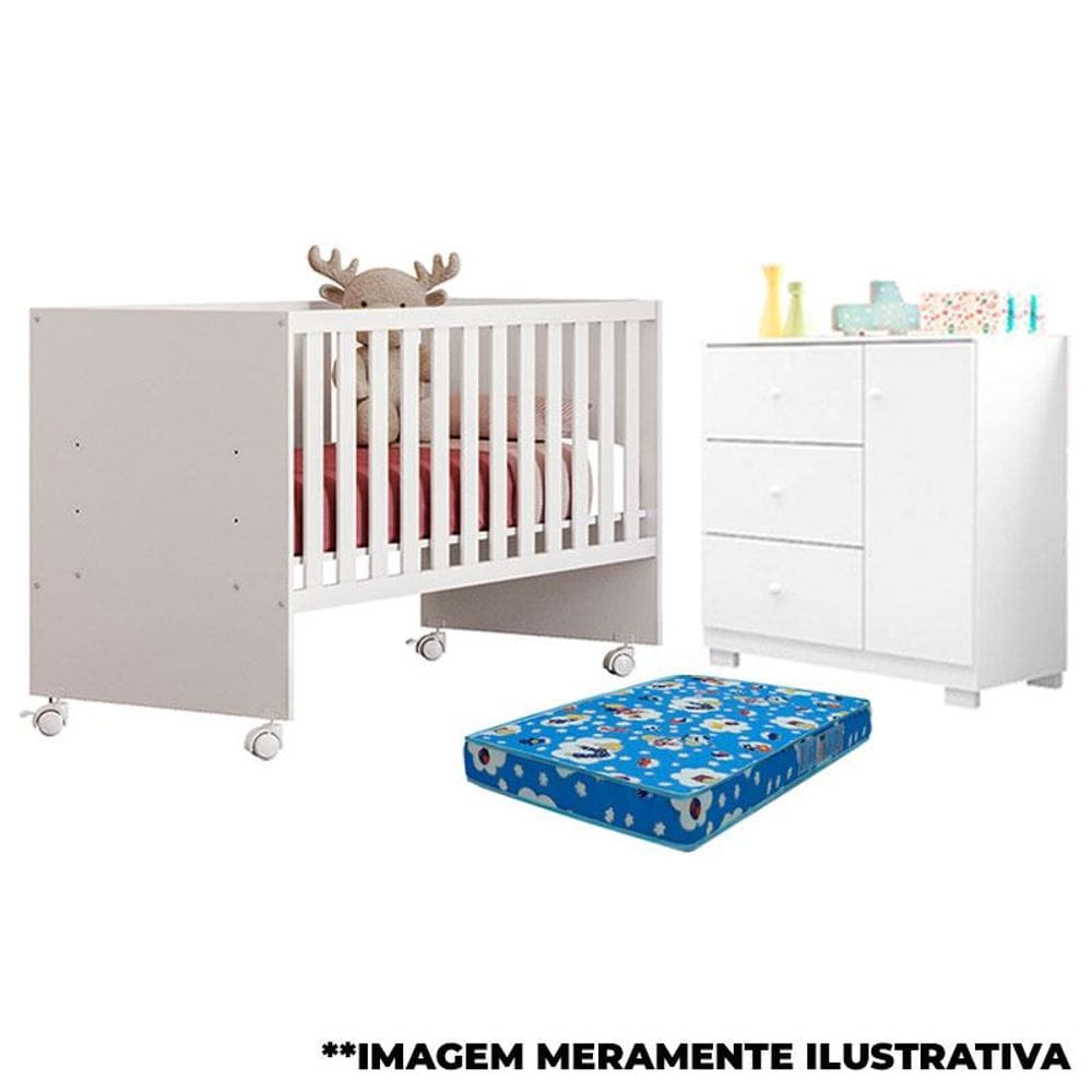 Berço Nacional Doce Sonho 3540 e Cômoda Infantil Duda Branco Brilho com Colchão - Phoenix Baby