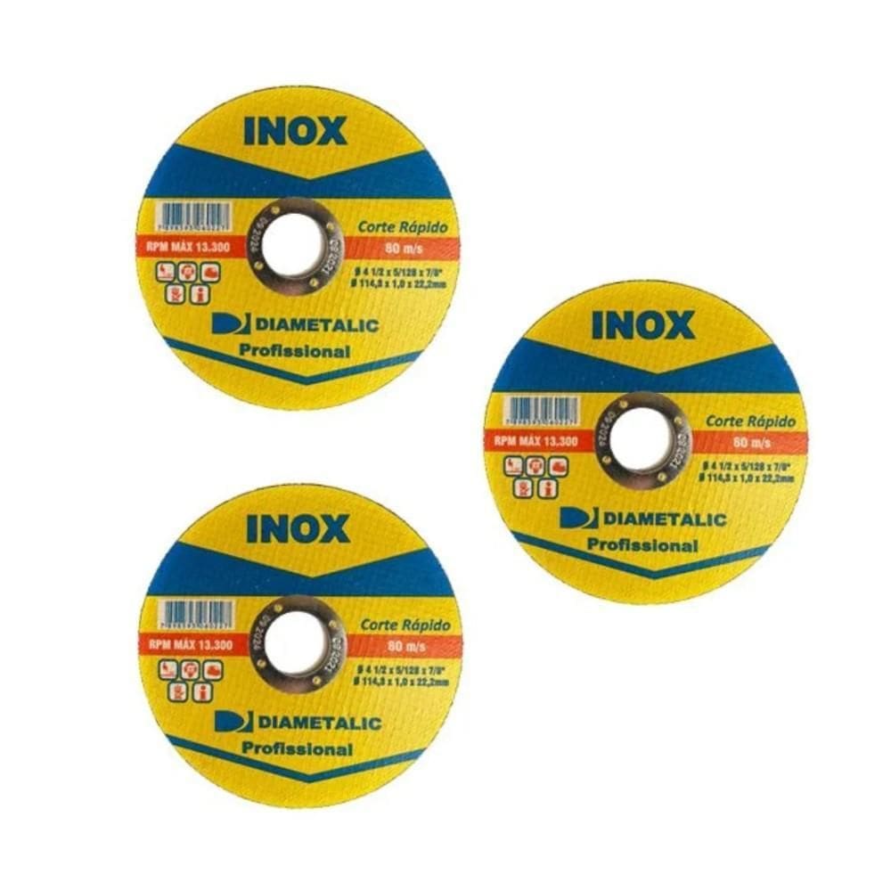 Kit 3 Disco Corte Rápido Fino Aço Inox 115X22Mm