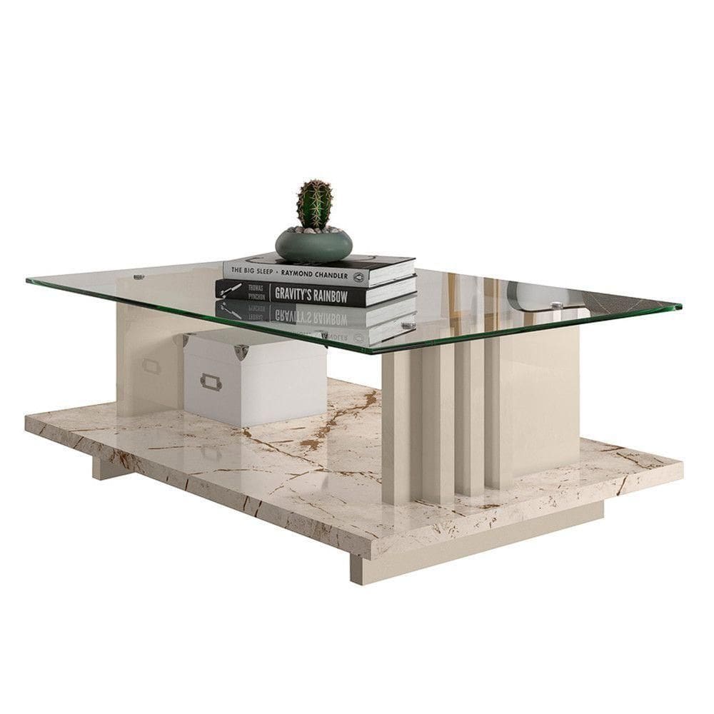 Mesa De Centro Para Sala Frizz C- Tampo De Vidro Calacata