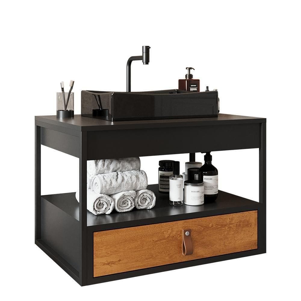 Gabinete Para Banheiro Harley 1 Gaveta E Cuba Dalla Preta Preto-preto-canela Preto-preto-canela