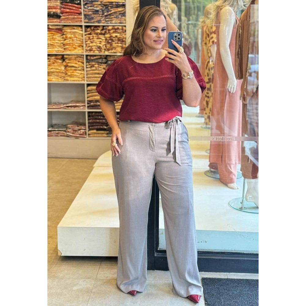 Calça Feminina Plus Size Pantalona Faixa Em Linho