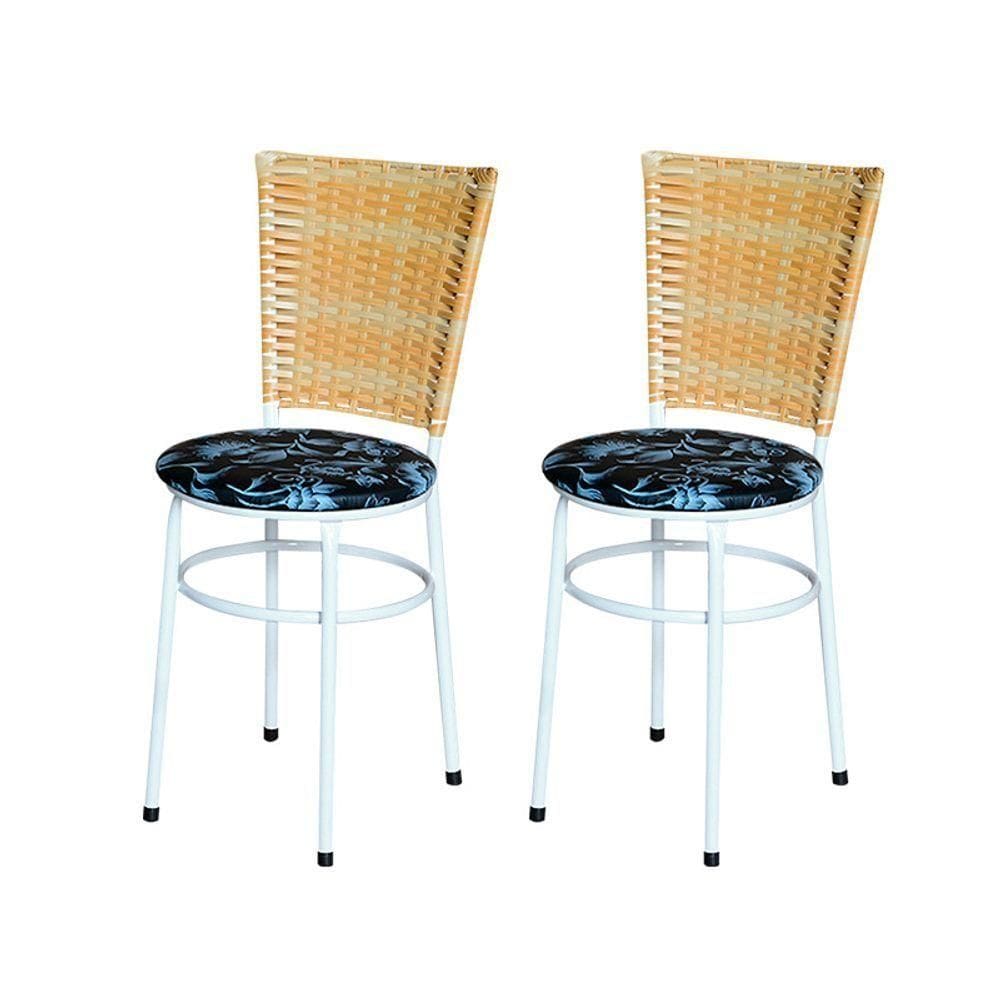 2 Cadeiras Para Cozinha Branca Hawai Palha Assento Floral Cor:floral Preto