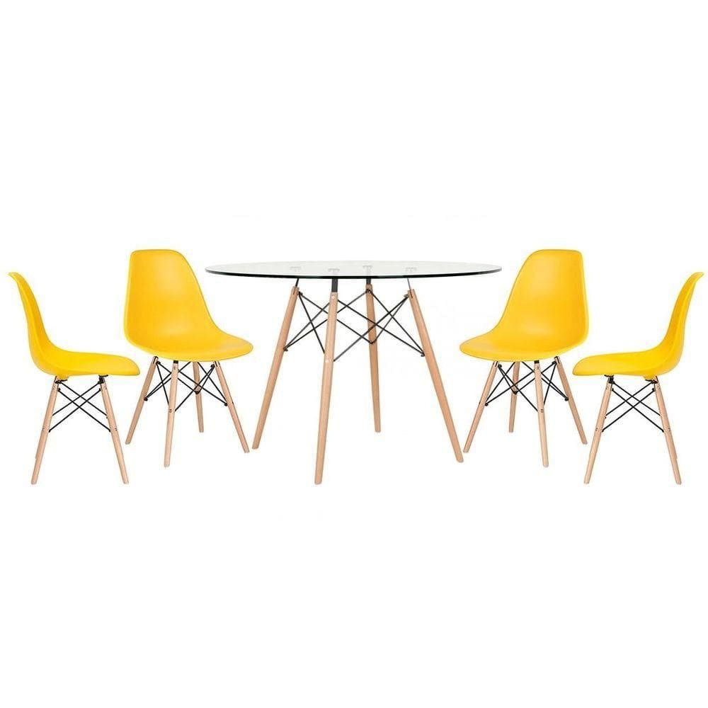 Mesa Redonda Eames Com Tampo De Vidro 120 Cm + 4 Cadeiras Eiffel Dsw Amarelo Amarelo