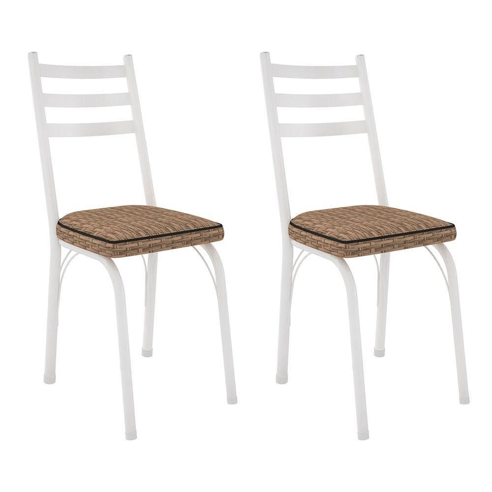 Kit 2 Cadeiras De Cozinha Luisiana Estampado Rattan Bege Pés De Ferro Branco