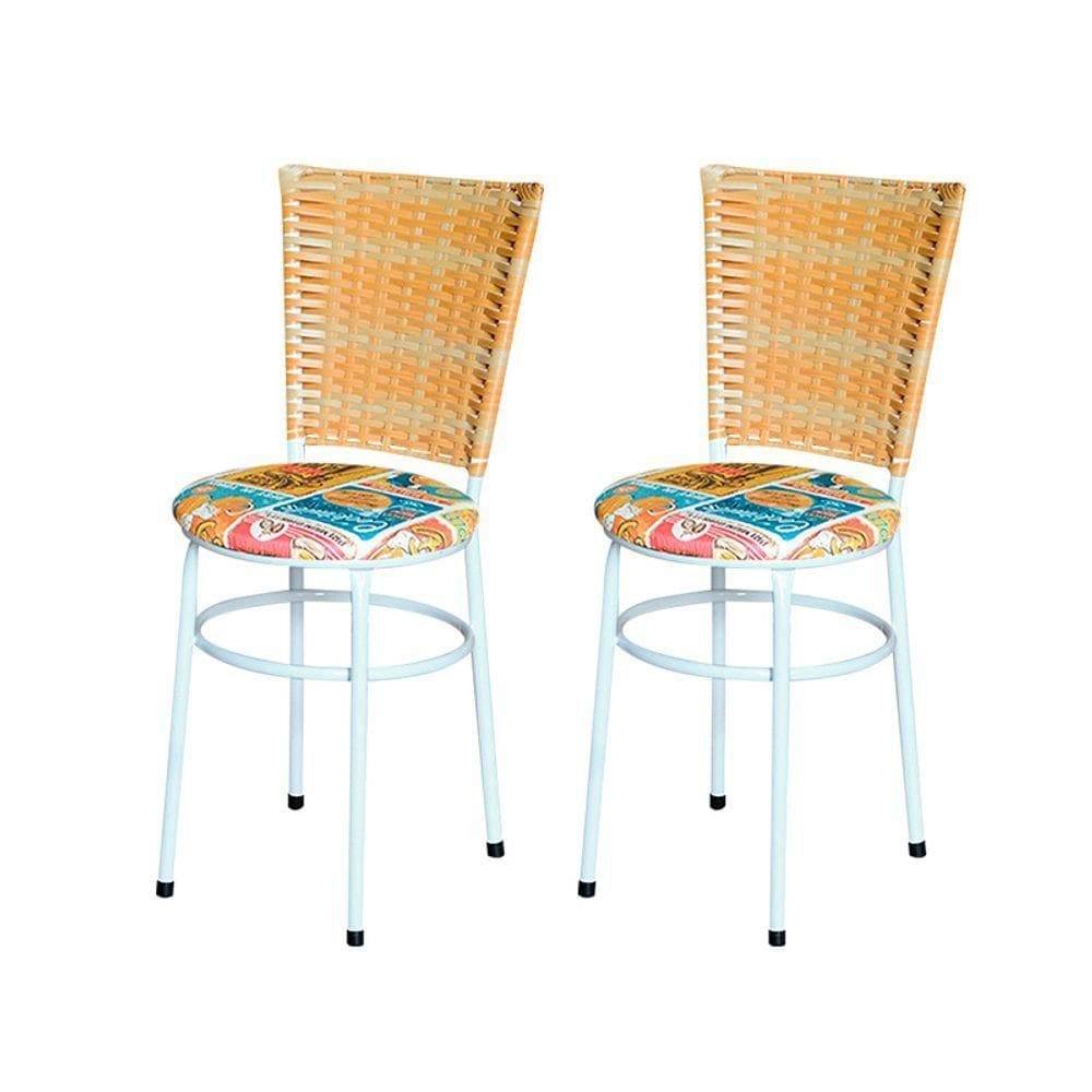 2 Cadeiras Para Cozinha Branca Hawai Palha Assento Floral Cor:happy Hour