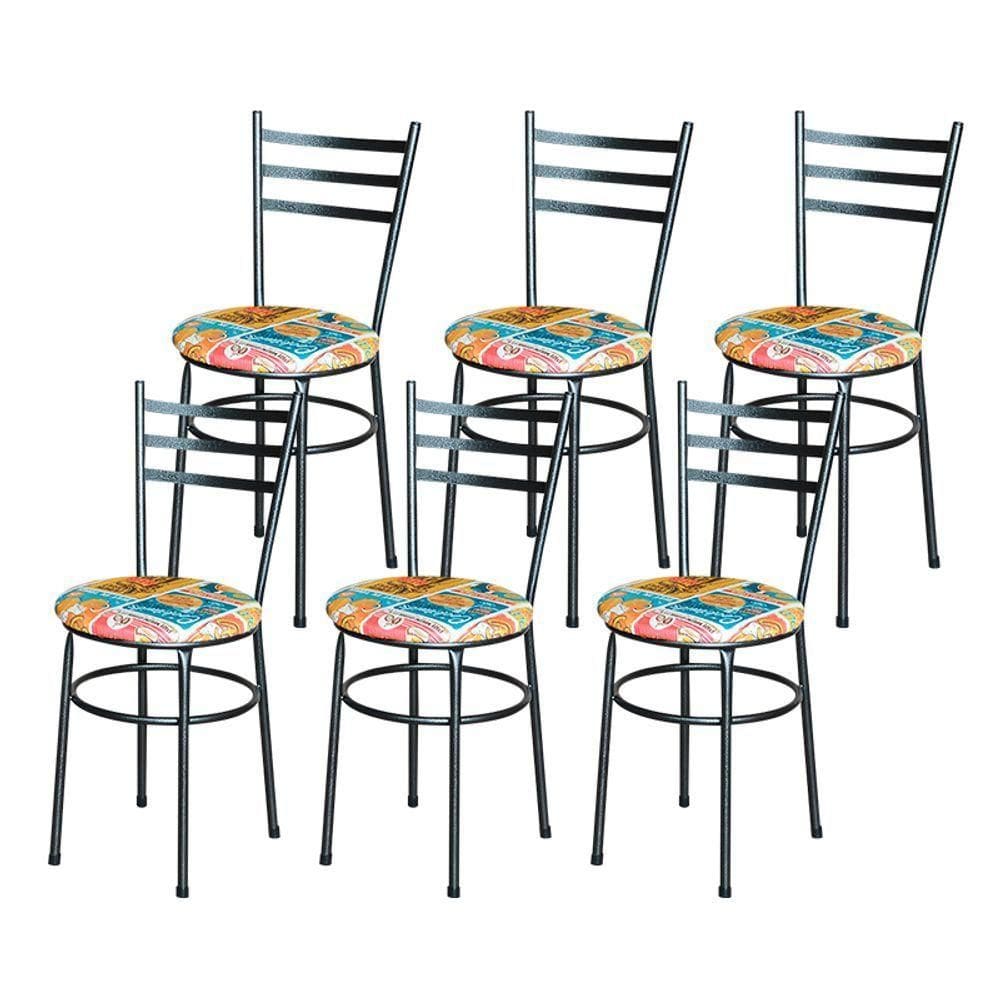 6 Cadeiras Epoxi Preta Craqueada Para Cozinha Assento Floral Cor:happy Hour