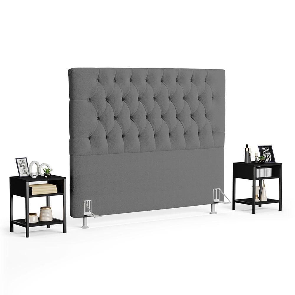Cabeceira Casal Queen 160cm Cristal Bouclê Cinza E 2 Mesas Laterais Plaza Lc1 Preto