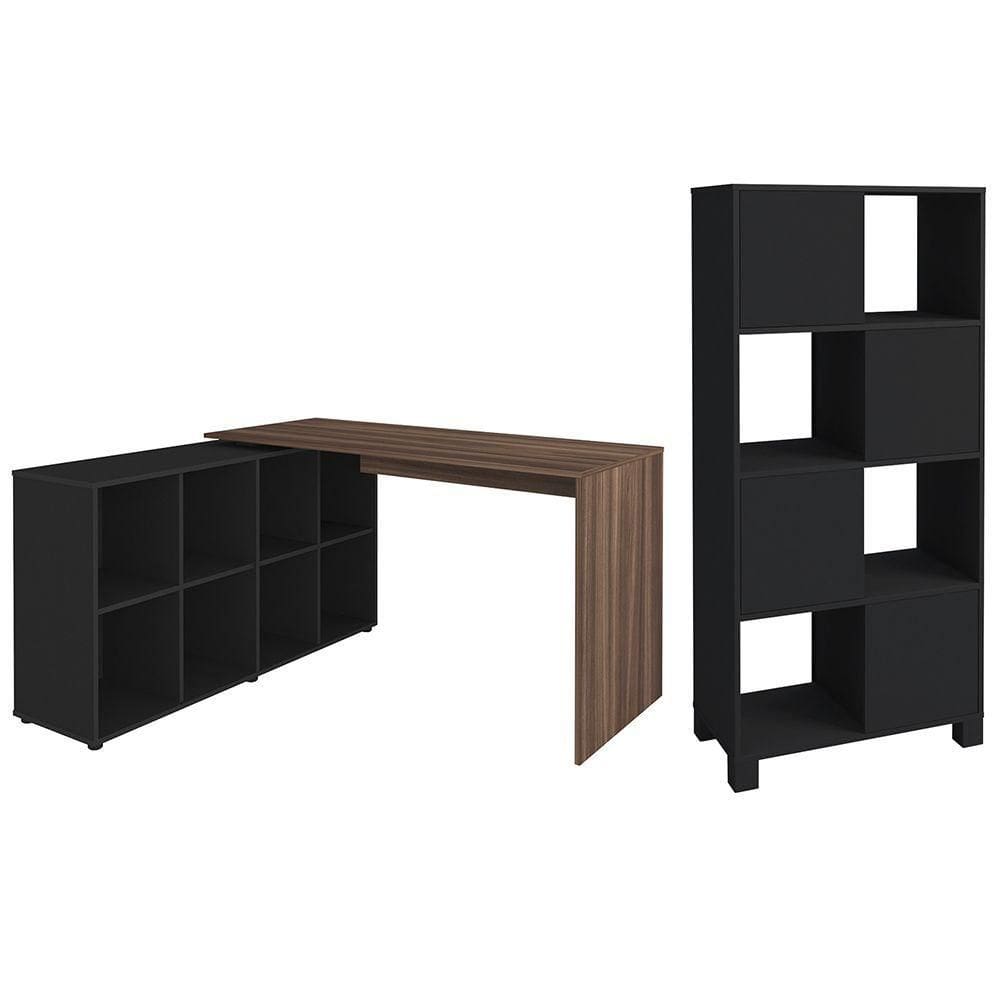 Mesa Escrivaninha Em L Eron E Estante Livreiro Maly A06 Ipê/preto - Mpozenato