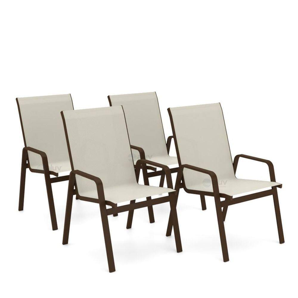 Kit 4 Cadeira Riviera Piscina Alumínio Marrom Tela Bege