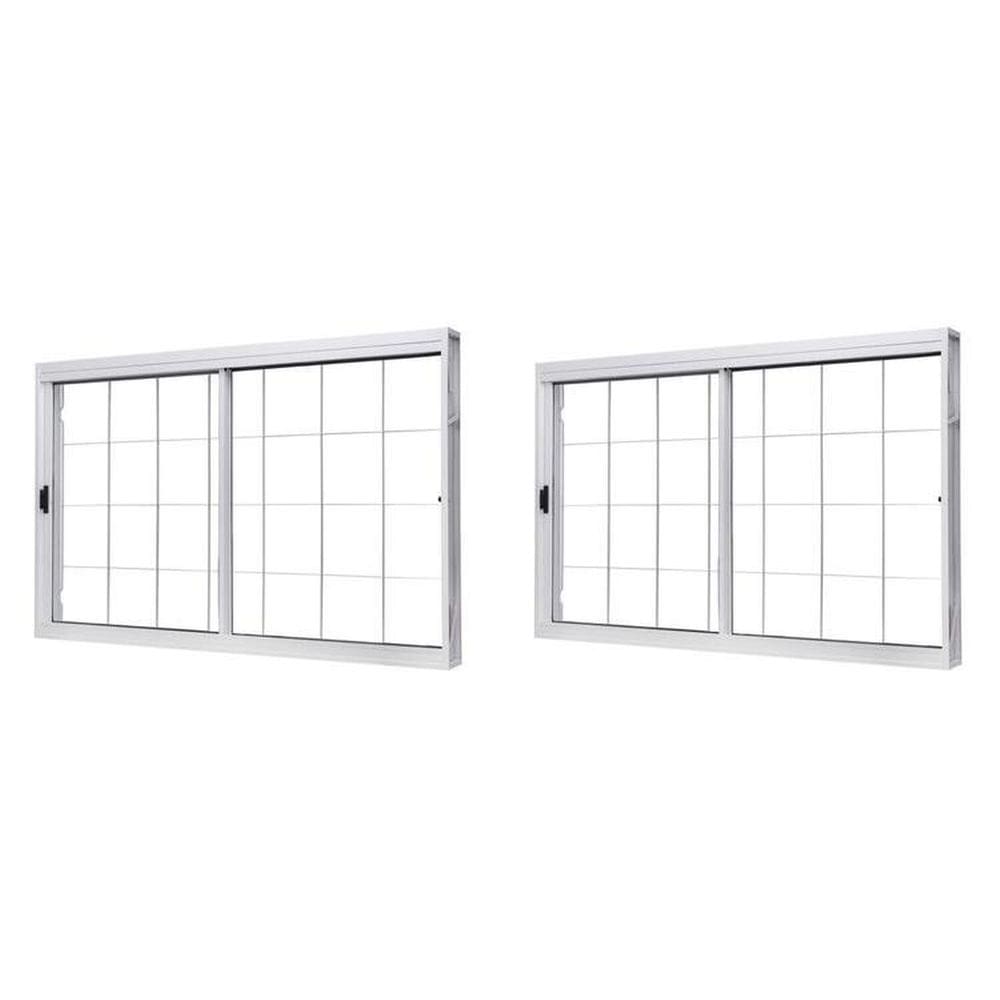 Kit com 2 Janelas de Aço de Correr Lateral 100x120cm 2 Folhas com Grade Quadruculada Vidro Liso Branco