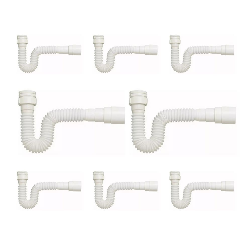 kIT 8 Sifão Sanfonado Branco Cozinha Pia Banheiro Tanque