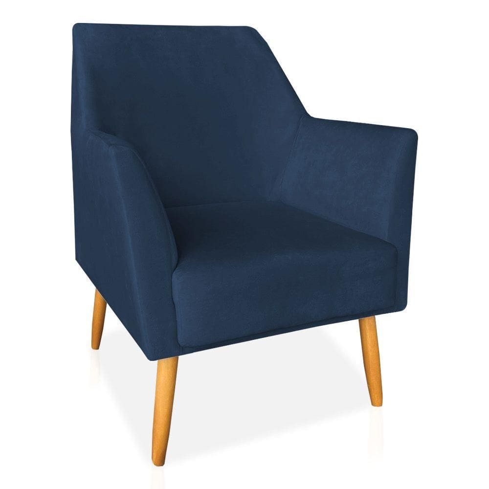 Poltrona Decorativa Julia Veludo Pés Palito Castanho Azul Marinho