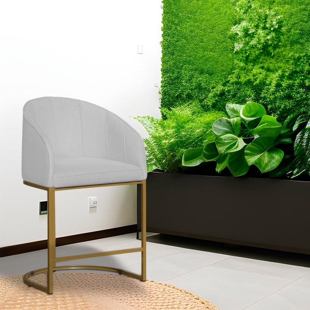 Poltrona Banqueta Decorativa Base Metal Mia Suede Branco - LM DECOR