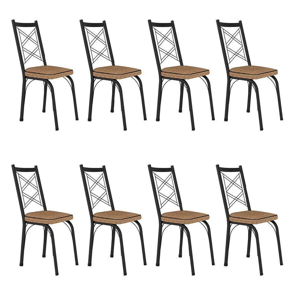 Kit 8 Cadeiras De Cozinha Delaware Estampado Rattan Bege Pés De Ferro Preto - Pallazio