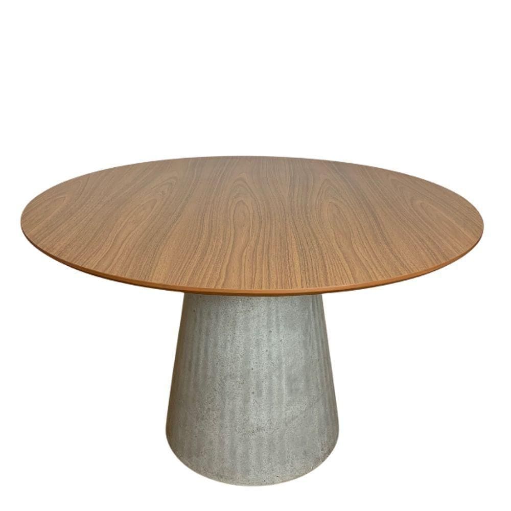 Mesa De Jantar Cone Redonda 100 Cm Base Cimento Concreto Tampo Freijó
