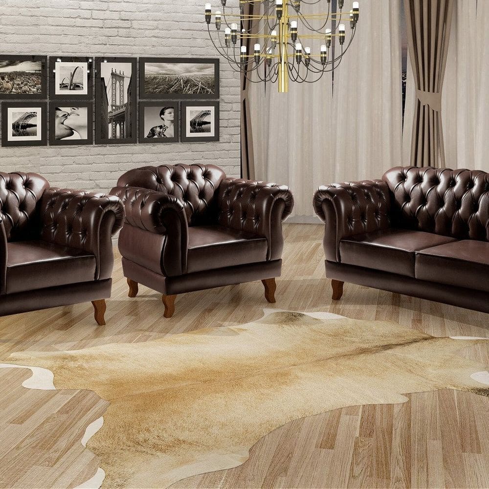 Conjunto Sofá Duquesa Chesterfield 2 Lugares e 2 Poltronas Café