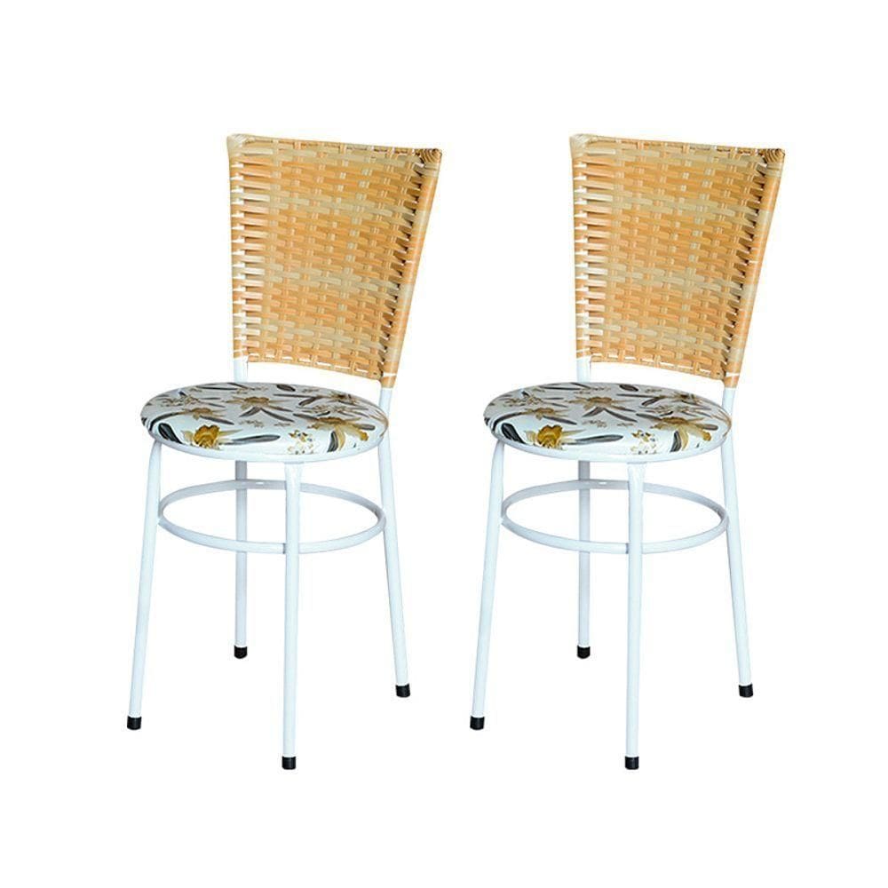2 Cadeiras Para Cozinha Branca Hawai Palha Assento Floral Cor:floral Orquídea