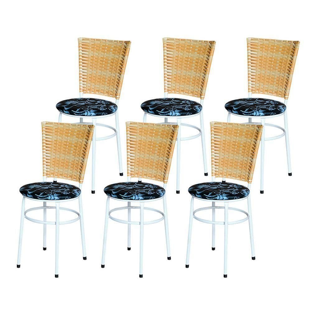 6 Cadeiras Para Mesa Branca Hawai Palha Assento Floral Cor:floral Preto