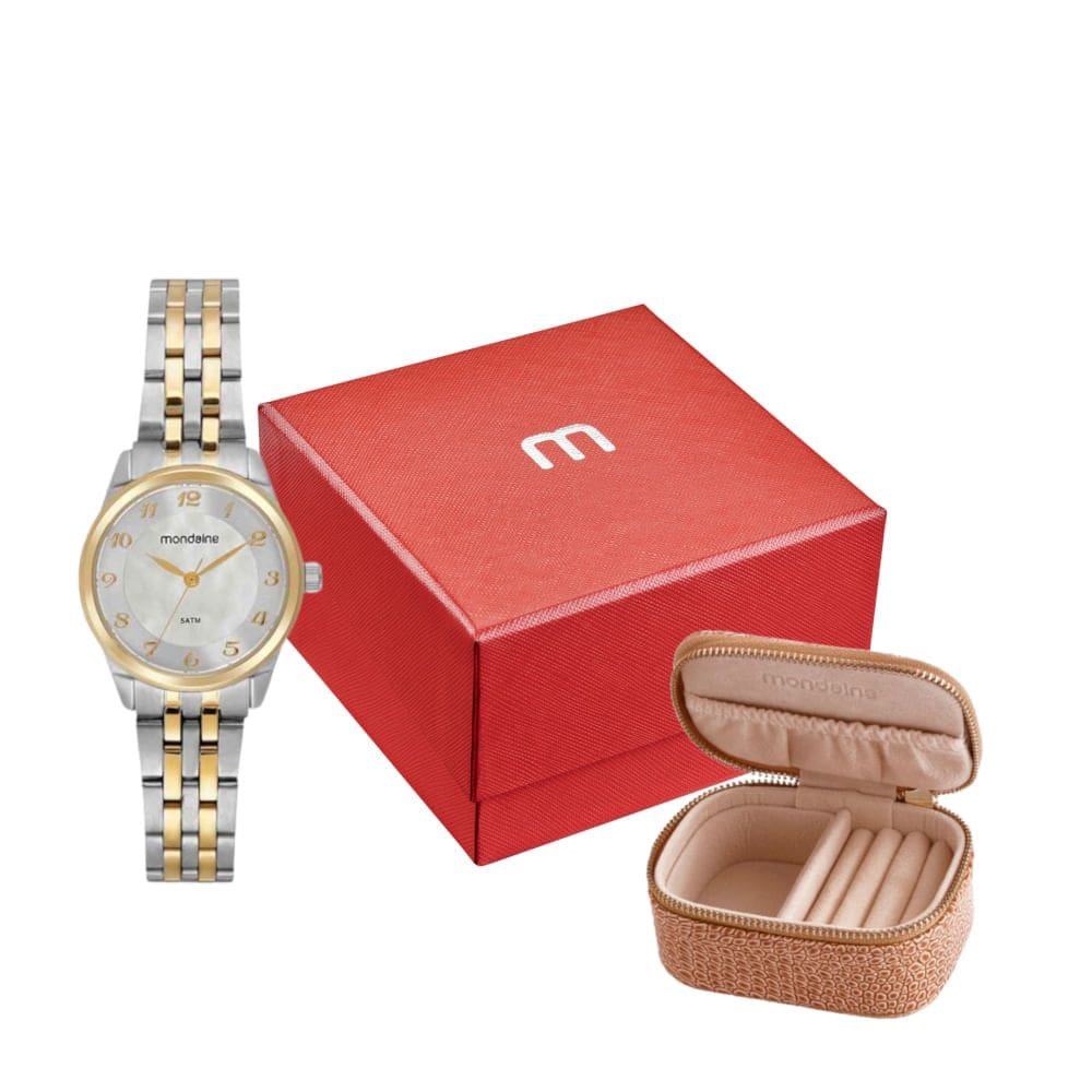 Kit Relógio Feminino Madrepérola Bicolor com Porta Jóias