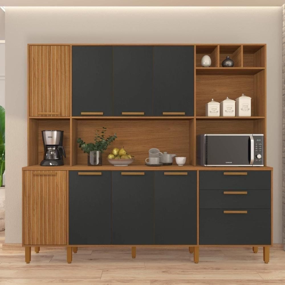 Armário De Cozinha Compacta Fidelitá Provença 219cm 9 Portas 2 Gavetas Freijó/chumbo