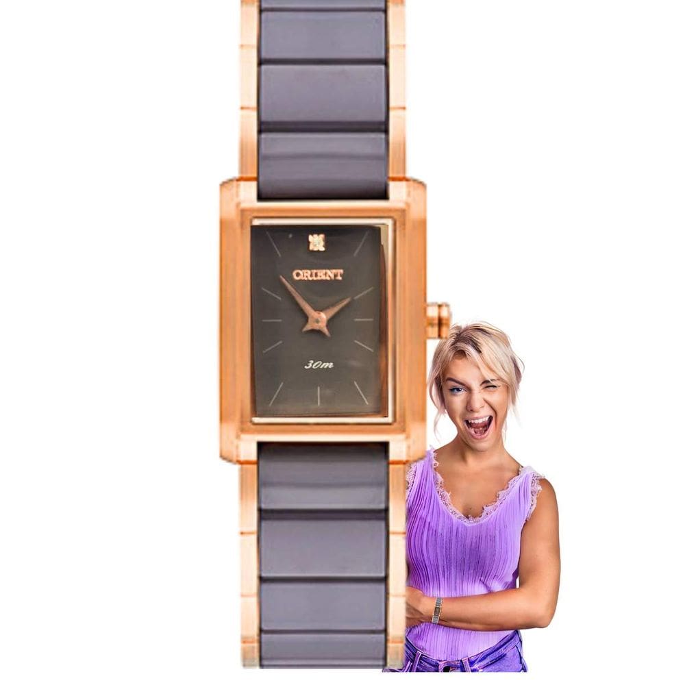 Relógio Orient Feminino Cerâmica Pequeno Quadrado Prova Dágua 50 Metros Aço Inóx Analógico Dourado LTSK0007 G1RG