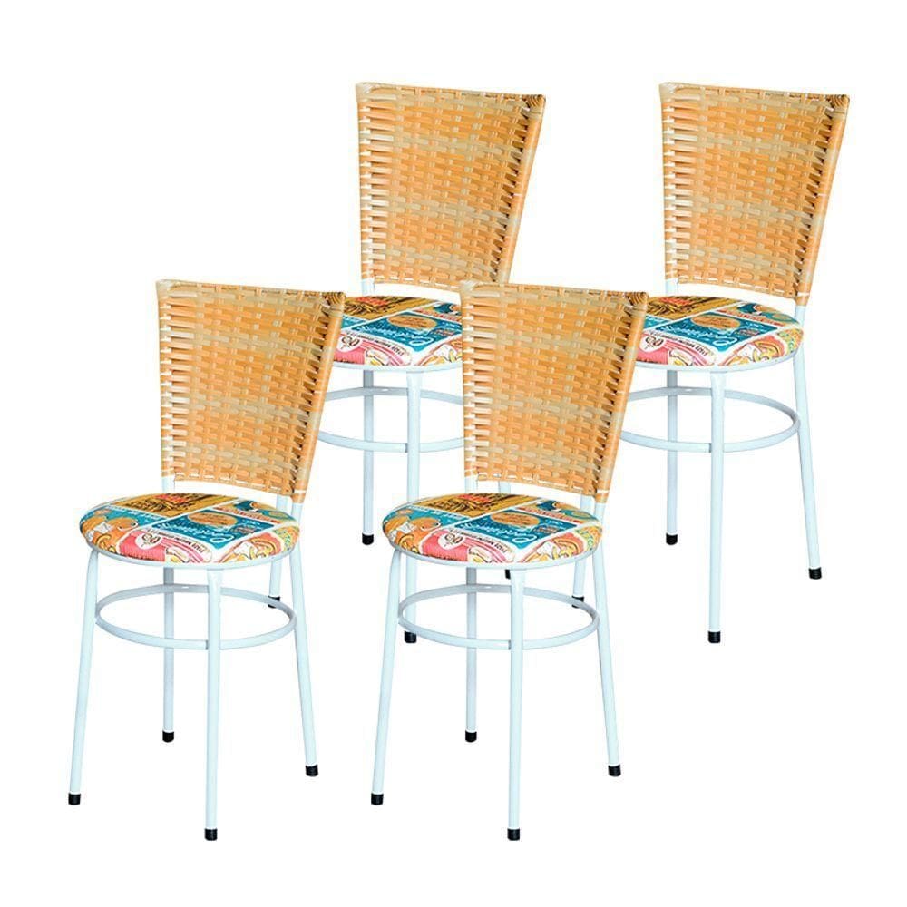 4 Cadeiras Para Mesa Branca Hawai Palha Com Assento Floral Cor:happy Hour