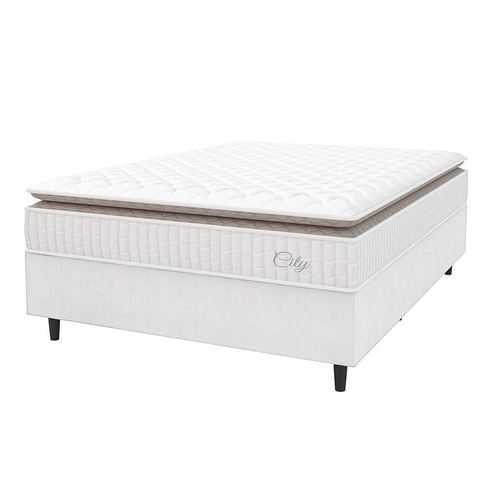 Cama Box Colchão Casal Molas Ensacadas City Pillow Top 138x188x61cm Linho Branco / Bege Hellen Branco/bg