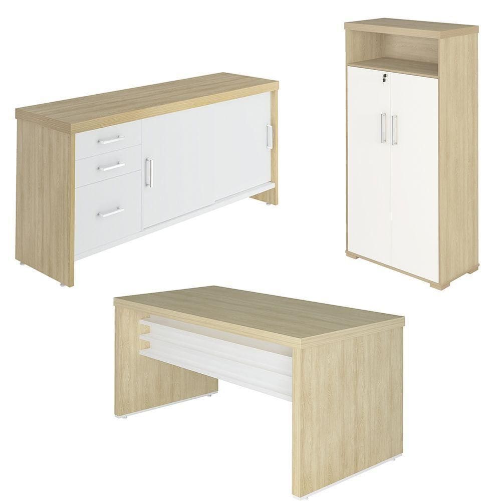 Conjunto Escritório 3 Peças Mesa 158cm Corp A06 Carvalho-branco - Mpozenato