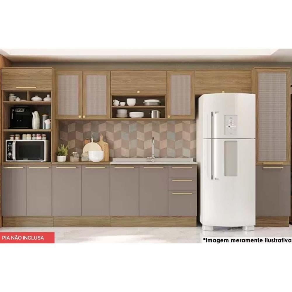 Cozinha Completa Botanic 8 Peças (3 Armários + 2 Balcões + 2 Paneleiros + 1 Complemento) M658 Nogueira/Fendi Fosco - Kappesberg