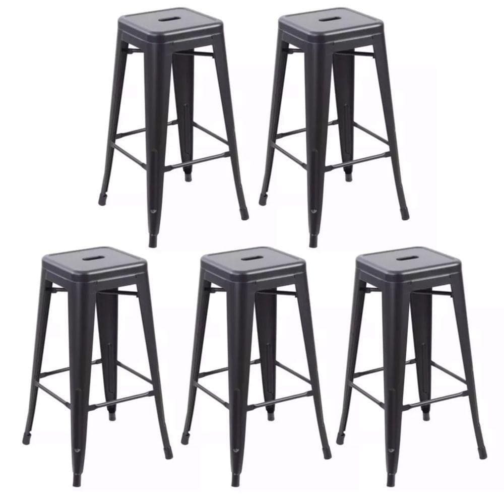 Kit Com 5 Banqueta Tolix Iron Design Industrial Preto 76 Cm Aço Cozinha Bar Bistrô Bancada