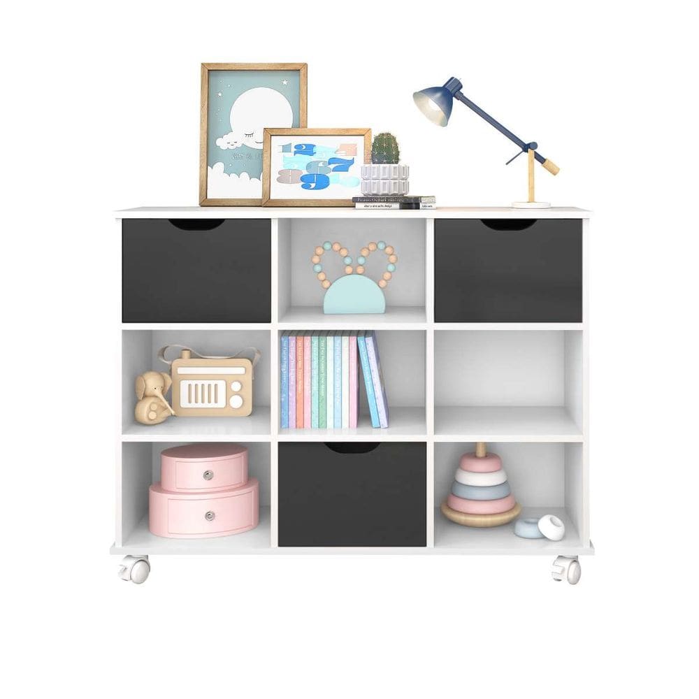 Nicho Organizador Branco com 3 Gavetas Pretas e Rodízios - Qmovi