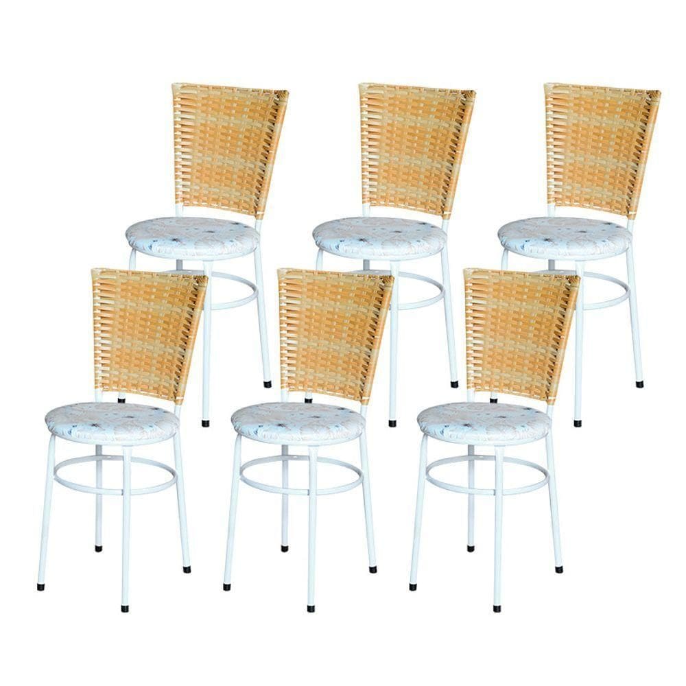 6 Cadeiras Para Mesa Branca Hawai Palha Assento Floral Cor:floral Areia