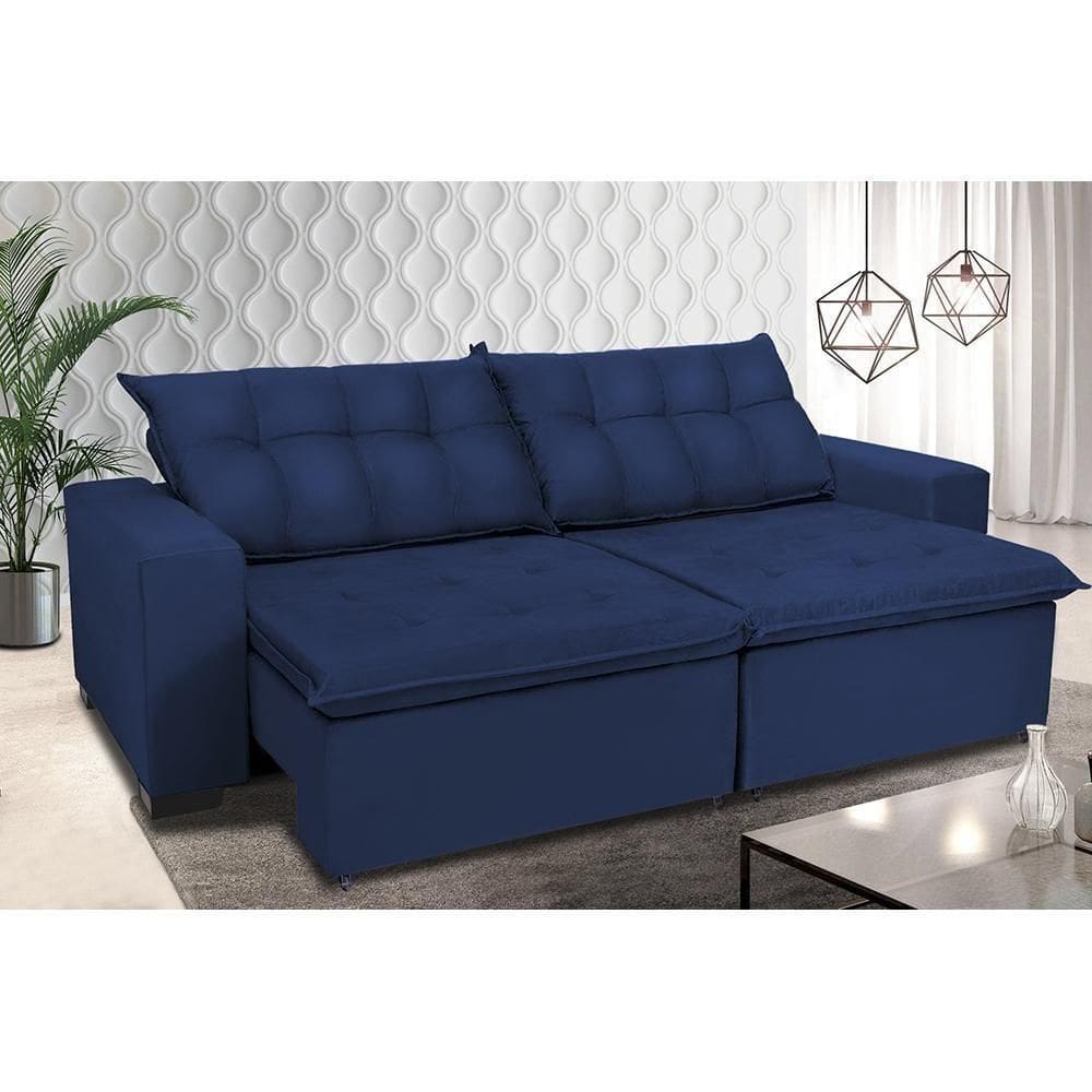 Sofá Retrátil E Reclinavel Oklahoma 2,92m Com Molas E Pillow No Assento Tecido Suede Azul