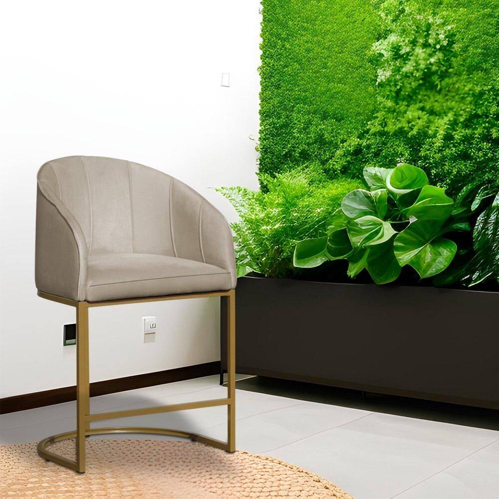 Poltrona Banqueta Decorativa Base Metal Mia Veludo Bege - LM DECOR