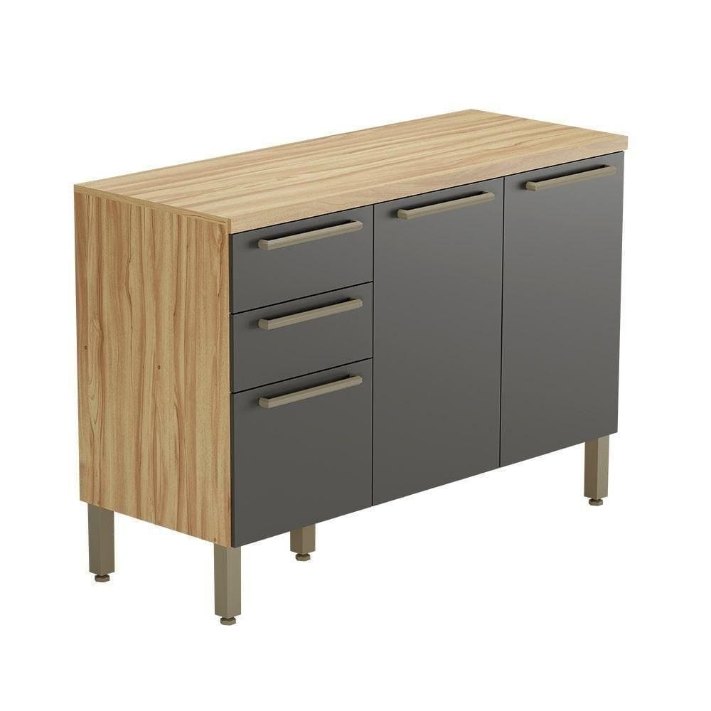 Balcão De Cozinha Com 3 Portas 2 Gavetas E Tampo 100% Mdf Napoli Prime Rio Doce Amendoa-chumbo