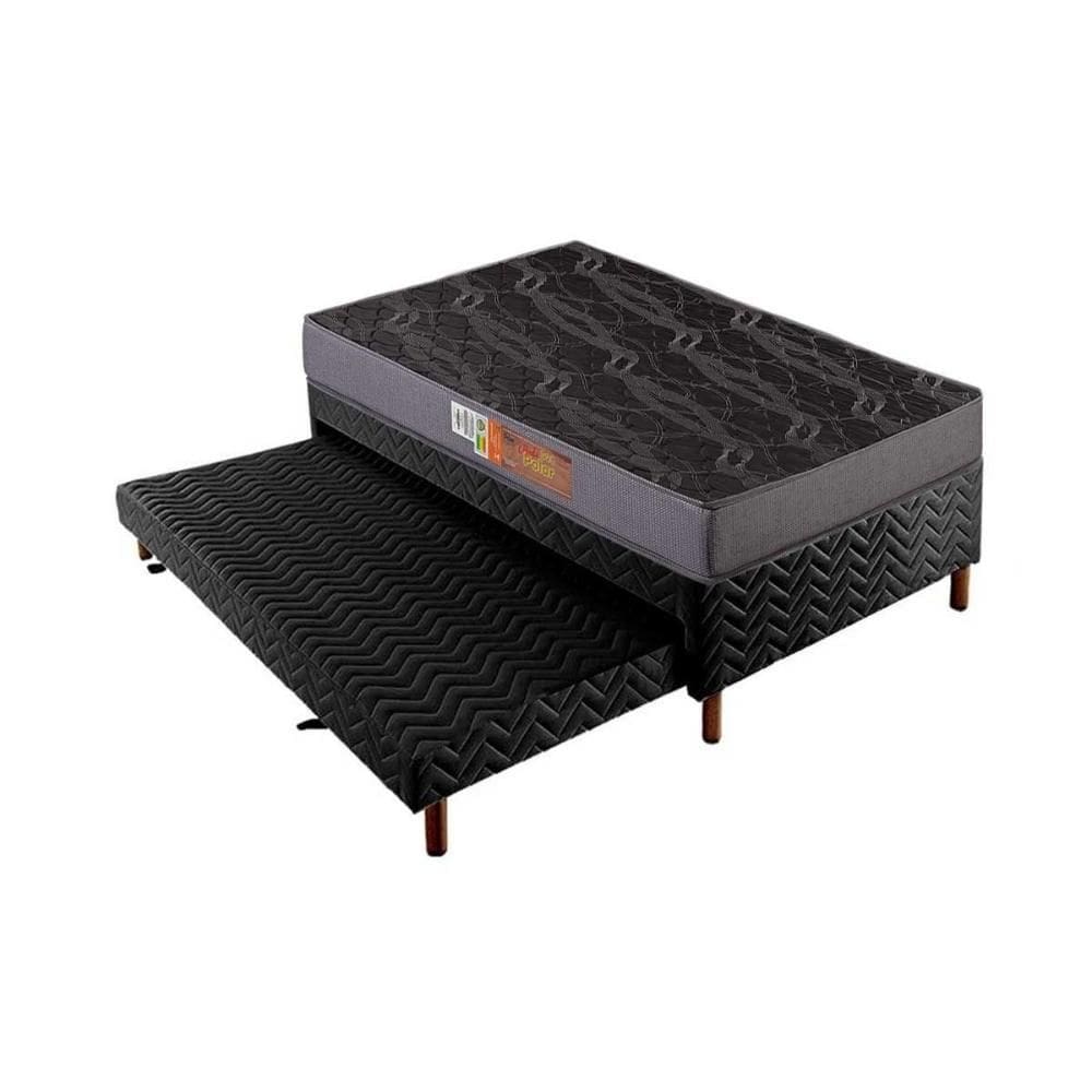 Cama Box c/Auxiliar Solteiro: Colchão Espuma Polar D20 Pérola Gray + Base CRC Suede Black(88x188)