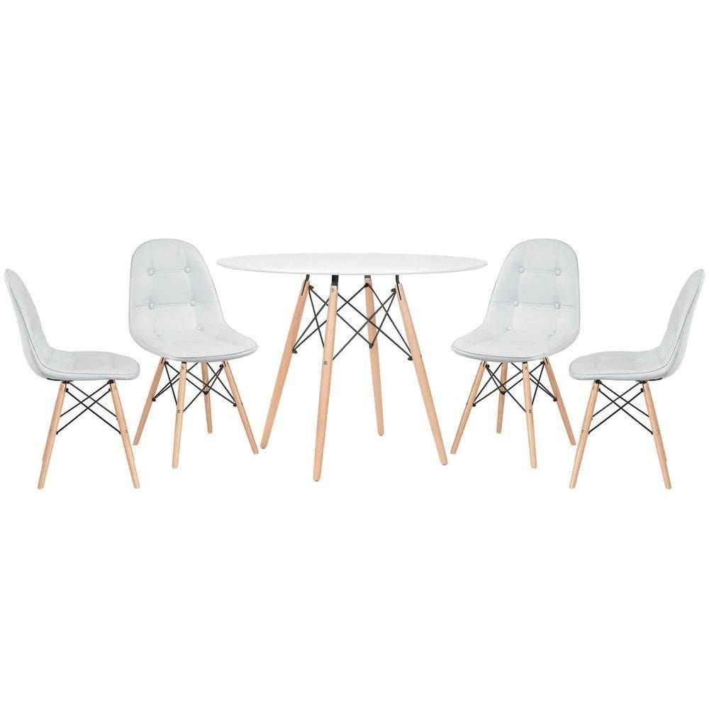 Mesa Redonda Eames 100 Cm Branco + 4 Cadeiras Estofadas Eiffel Botonê Cinza Claro Cinza Claro