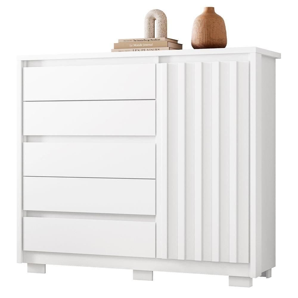 Cômoda Sapateira Quarto Duetto 05 Gavetas E 1 Porta Ripada Branco Branco