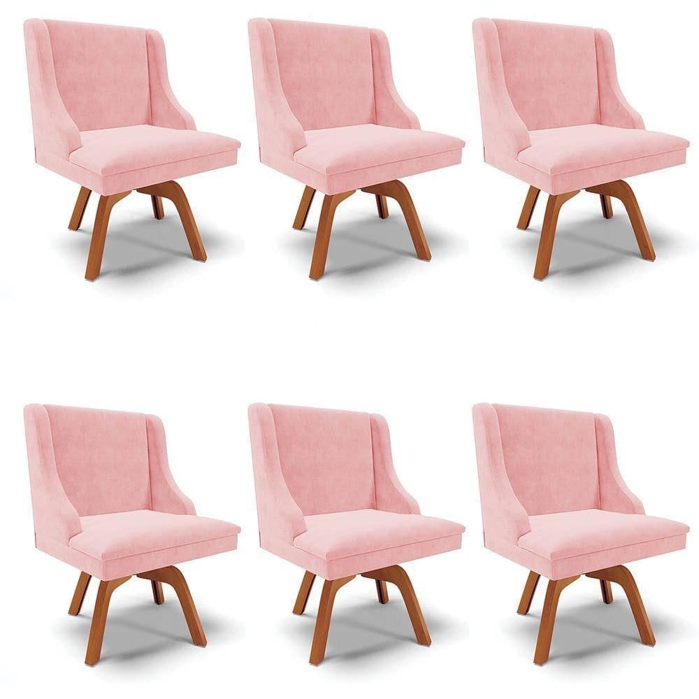 Kit 6 Cadeiras Estofadas Base Giratória De Madeira Lia Suede Rosa Bebê - Ibiza