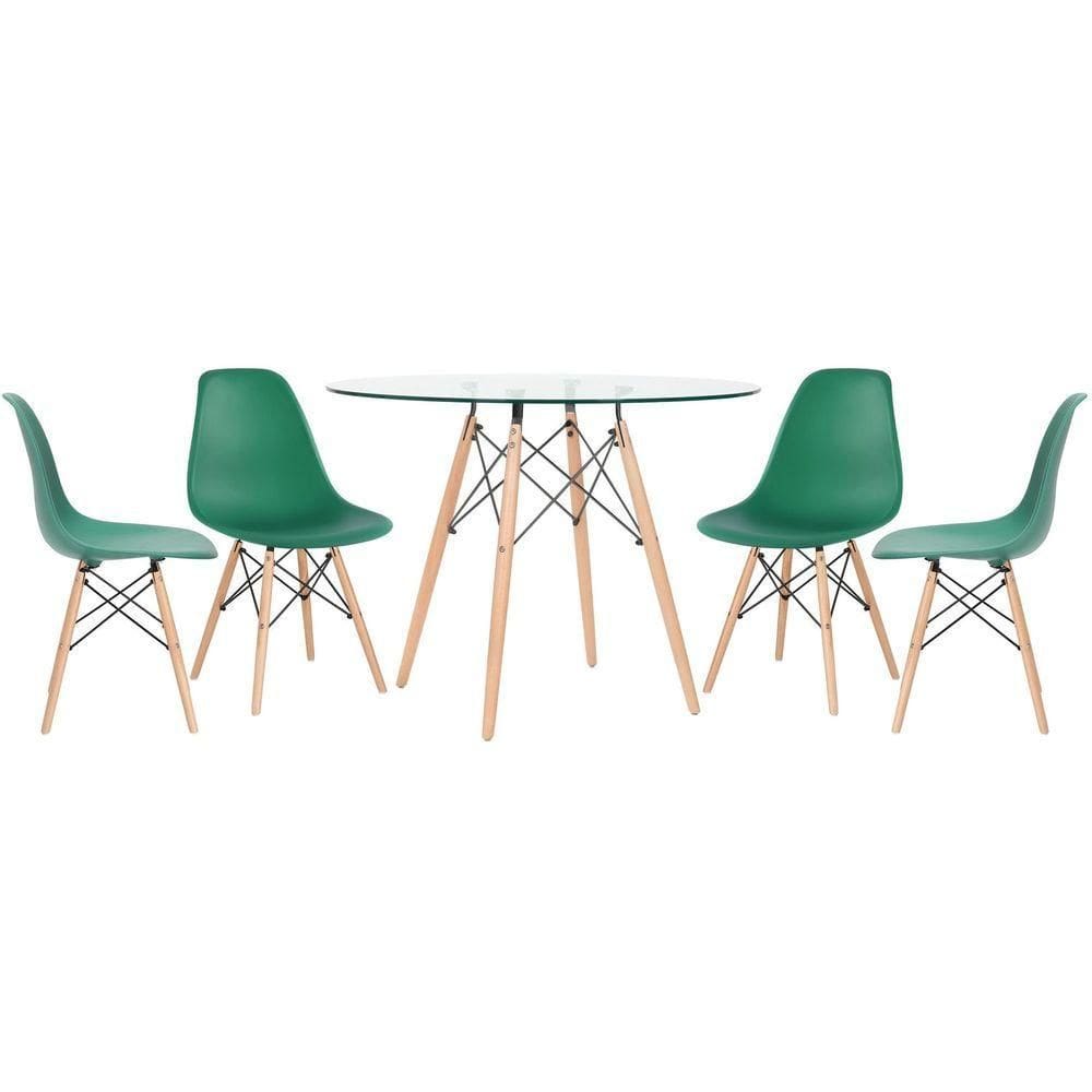 Mesa Redonda Eames Com Tampo De Vidro 100 Cm + 4 Cadeiras Eiffel Dsw Verde Escuro