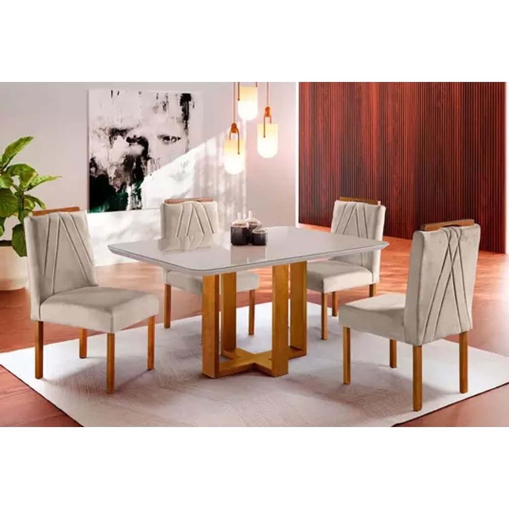 Mesa de Jantar Lisy Tampo MDF e Vidro Off 120X80 com 4 Cadeiras de Madeira Maciça Safira Bege