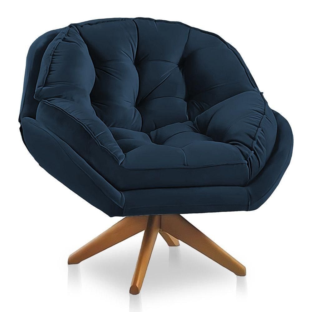Poltrona Giratória Chicago Veludo Azul Marinho Base De Madeira